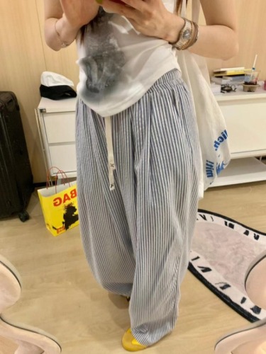 Huanghuangjia niche high-waisted blue striped pants 2024 summer new style drawstring mopping casual wide-leg trousers for women