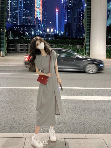 2024 new slimming niche design gray casual t-shirt dress summer women's slit long skirt