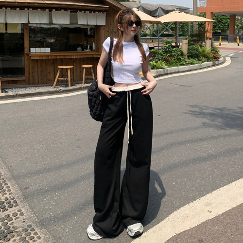 Actual shot of retro black spliced ​​loose wide-leg pants, drapey floor-length pants, straight-leg casual pants for women & longer trousers