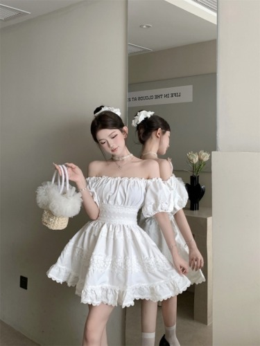 Real shot of summer one-shoulder puff short-sleeved waist slimming lace short white temperament tube top dress for women