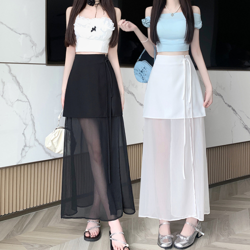 Video + Three Standards Niche high-waist strap casual skirt for women solid color chiffon crotch-covering mid-length A-line skirt