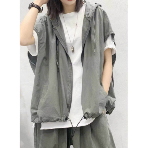 Retro literary hooded casual vest vest for women spring autumn summer 2024 new loose outer vest trendy