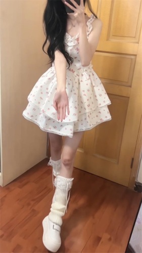 French white floral suspender dress for children summer 2024 new first love sweet waist princess tutu skirt