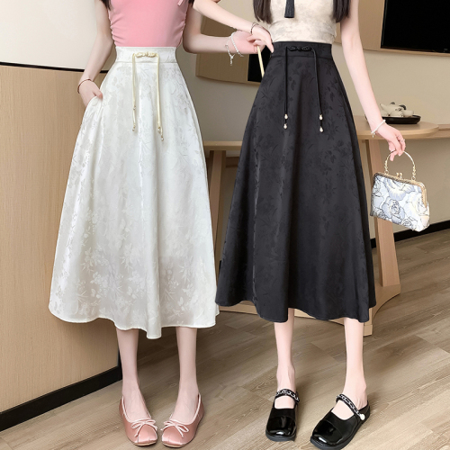 Video + Three Standards Retro Tie Chinese Style A-Line Skirt Simple Solid Color High Waist Covering Hips Slimming Skirt