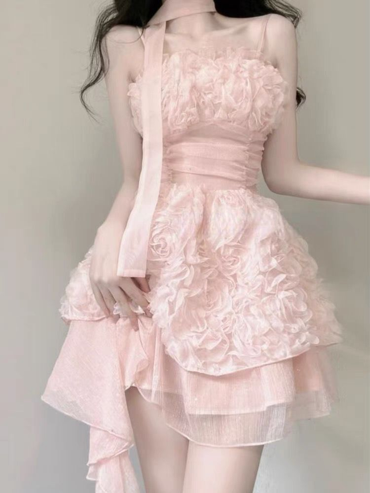 Dopamine three-dimensional rose birthday dress with tail tube top dress for women French waist princess puff skirt