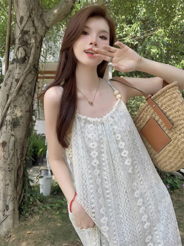 French retro tassel splicing sweet dress for women summer new slim temperament suspender sleeveless mid-length skirt