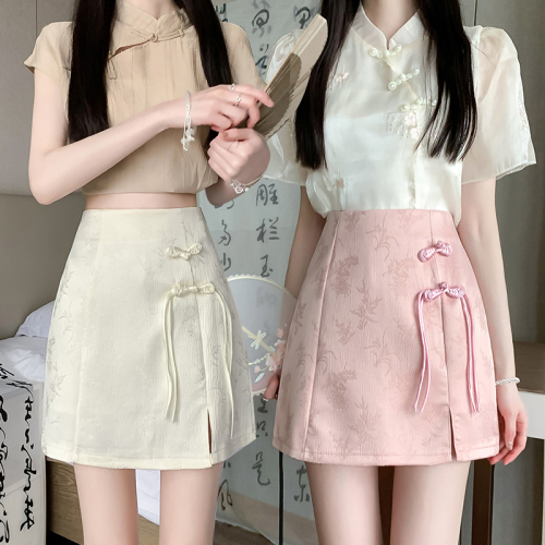 Video + Three-label retro ethnic style strappy A-line skirt for ladies with sweet crotch-covering solid color high-waisted skirt