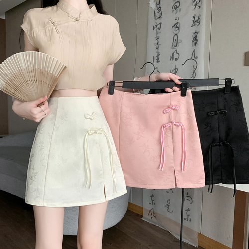 Video + Three-label retro ethnic style strappy A-line skirt for ladies with sweet crotch-covering solid color high-waisted skirt