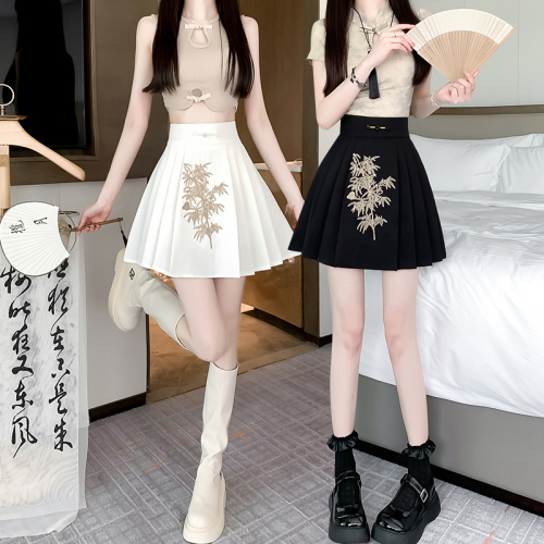 Video + Three Standards Niche Chinese Style Embroidered Skirt Women's High Waist Covering Hips and Slimming Pleated A-Line Skirt