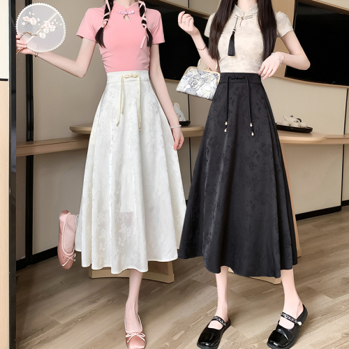 Video + Three Standards Retro Tie Chinese Style A-Line Skirt Simple Solid Color High Waist Covering Hips Slimming Skirt