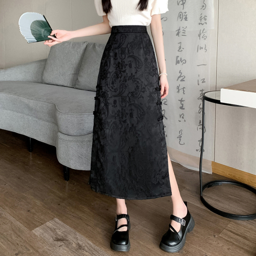 Video + Three Standards Retro Chinese Style High Waist Skirt Women's Slimming Hip Covering Solid Color Mid-Length A-Line Skirt