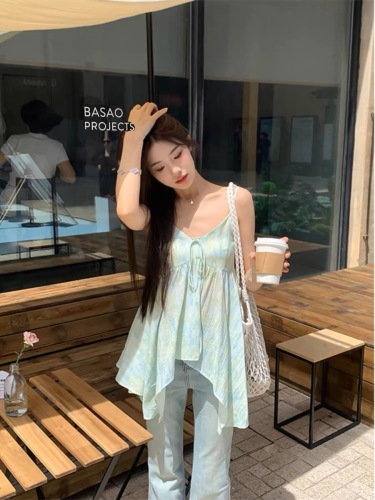 Adan smudged irregular suspender top summer Korean style pure lust style sweet V-neck sleeveless top for women