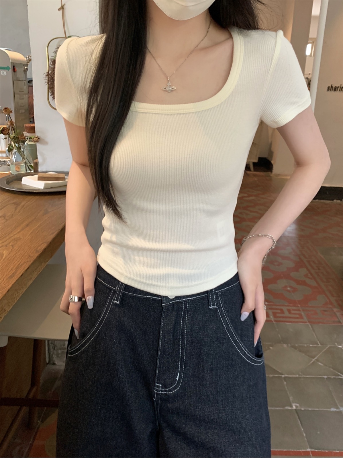 實拍 夏季韓版修身方領正肩簡約純色百搭短袖T恤上衣女