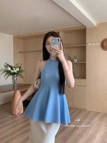 GS2024 summer Korean women's Korean style pure lust style figure slimming waist woolen halterneck fishtail short skirt dress