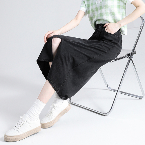 Real shot Lyocell Tencel mid-length skirt 2024 summer new black high-waisted semi-elastic slim and versatile skirt