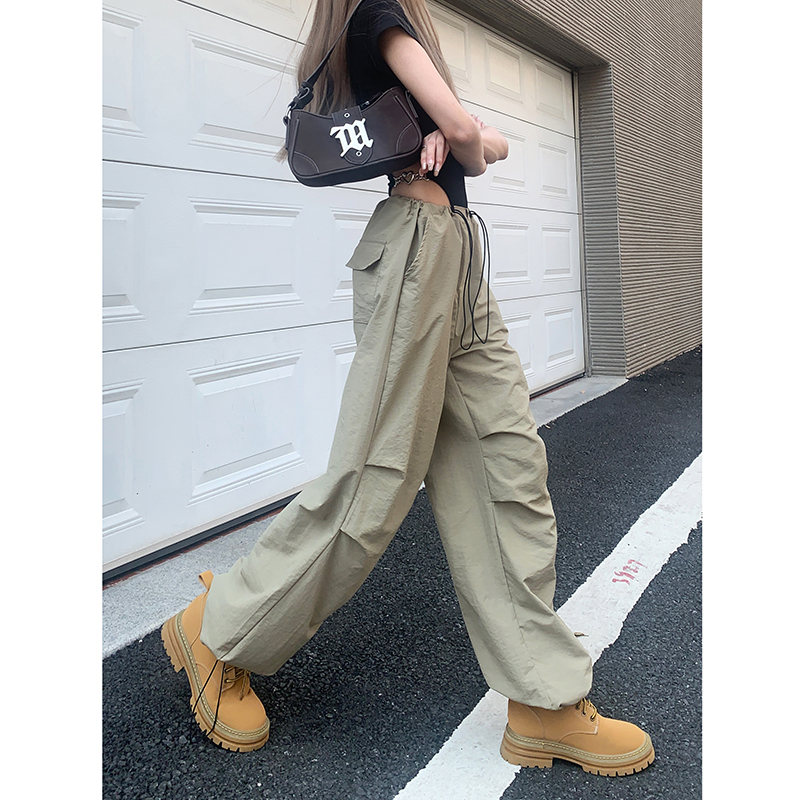 Photographed! 2024 New Style Personality Work Pants for Women with Drawstring High-Waist Straight Leg Casual Loose Wide Leg Pants