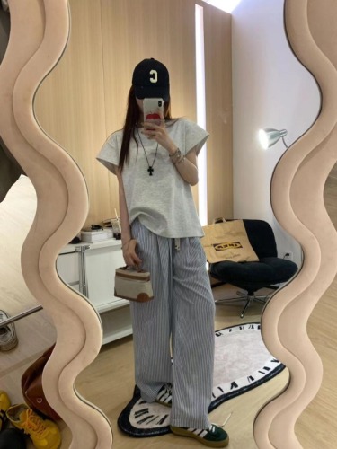 Huanghuangjia niche high-waisted blue striped pants 2024 summer new style drawstring mopping casual wide-leg trousers for women