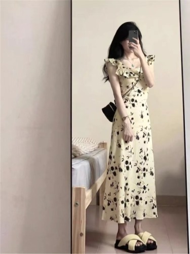 Tea break French floral small flying sleeve dress women's summer 2024 new style temperament waist high-end long skirt