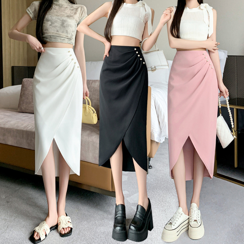 Video + Three Standards Irregular lady mid-length skirt Korean style niche pleated solid color slit skirt