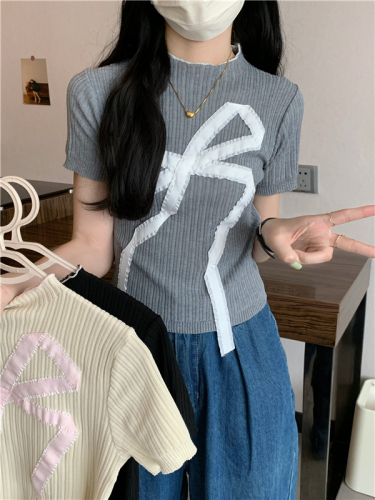 Real price contrasting color bow half turtleneck short-sleeved knitted sweet girl's unique and beautiful slim-fitting top