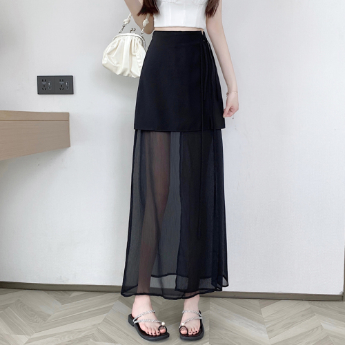 Video + Three Standards Niche high-waist strap casual skirt for women solid color chiffon crotch-covering mid-length A-line skirt