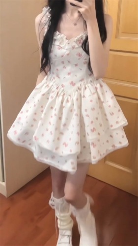 French white floral suspender dress for children summer 2024 new first love sweet waist princess tutu skirt