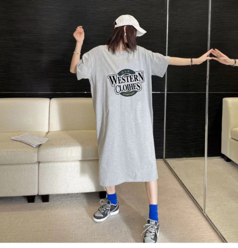 Summer fashion women's Korean style slit dress simple letter T-shirt dress