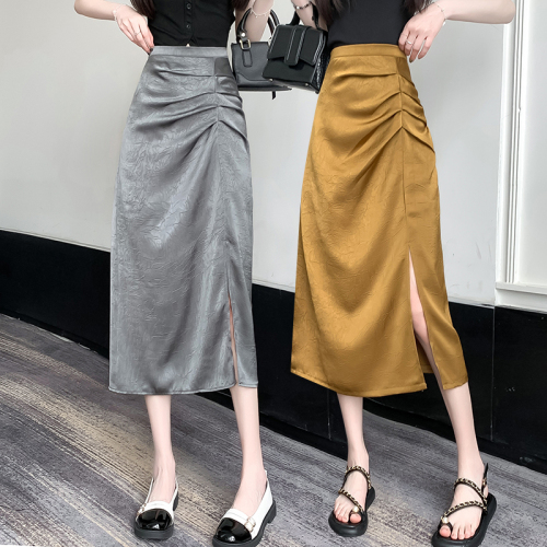 Video + Three Standards Korean Style Asymmetric Pleated Mid-Length Skirt Women's High Waist Casual Hip Covering Slit Skirt