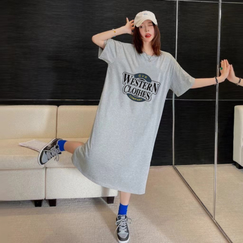 Summer fashion women's Korean style slit dress simple letter T-shirt dress