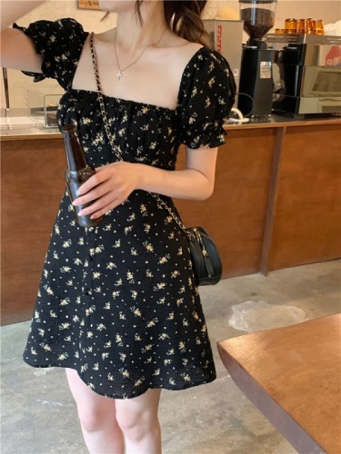 Niche unique slit floral dress summer femininity 2024 cold style high-end square neck long skirt