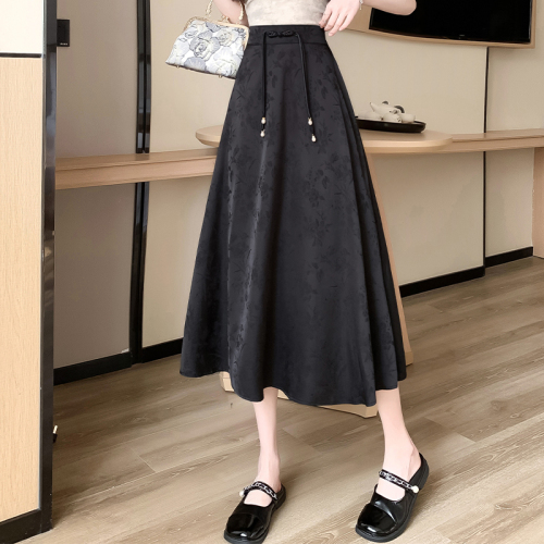 Video + Three Standards Retro Tie Chinese Style A-Line Skirt Simple Solid Color High Waist Covering Hips Slimming Skirt