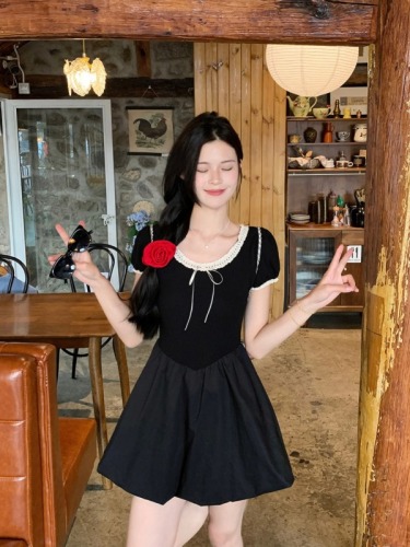 Real shot~ Sweet girly lace round neck black dress with puff short sleeves and spliced ​​slimming tutu skirt