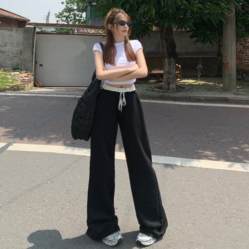 Actual shot of retro black spliced ​​loose wide-leg pants, drapey floor-length pants, straight-leg casual pants for women & longer trousers