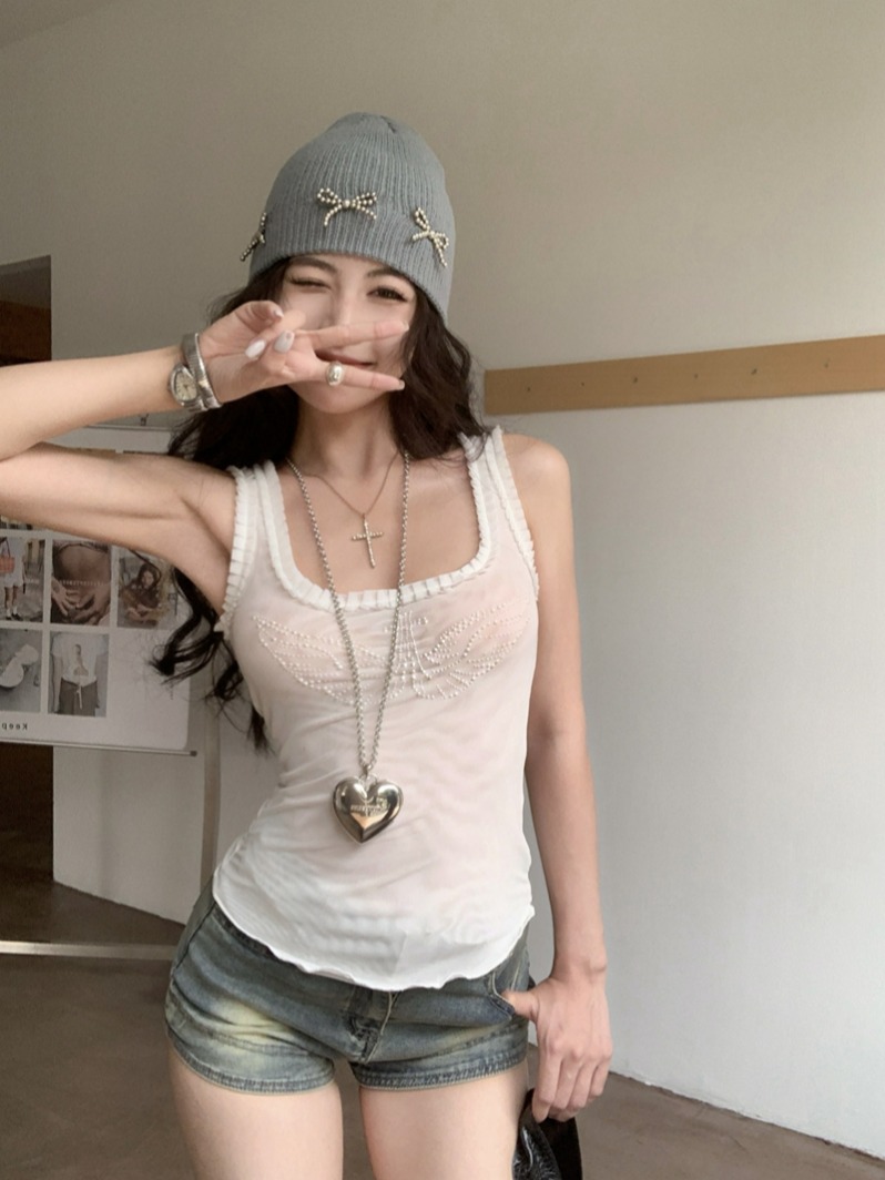 Real shot of pure lust hot girl style thin angel hot diamond double-layer mesh vest for women with spliced ​​lace slimming top