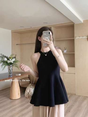 GS2024 summer Korean women's Korean style pure lust style figure slimming waist woolen halterneck fishtail short skirt dress