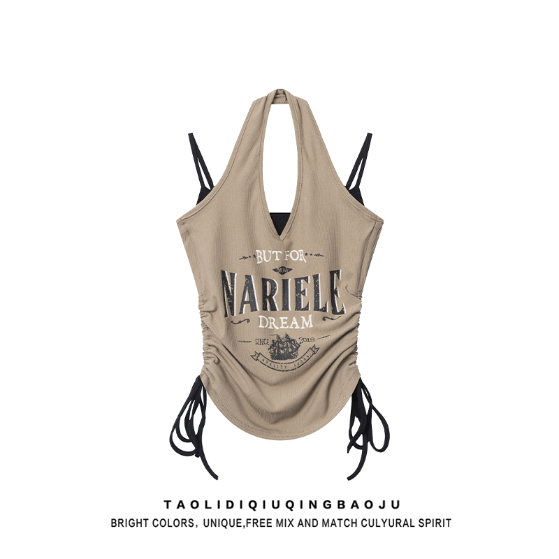 Modal American Retro Fake Two-piece Halter Sleeveless Top for Women
