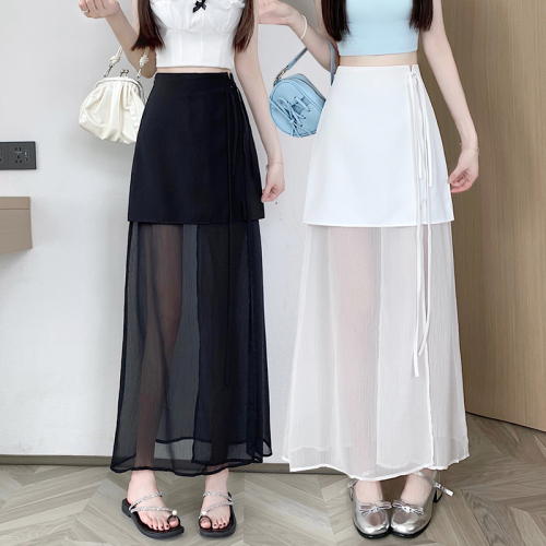 Video + Three Standards Niche high-waist strap casual skirt for women solid color chiffon crotch-covering mid-length A-line skirt