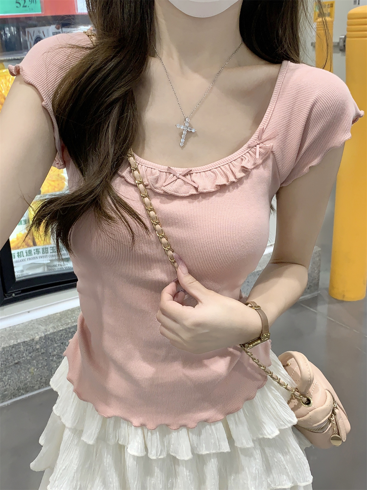 實拍 夏季韓版純欲木耳邊插肩低圓領甜美蝴蝶結短袖T恤上衣女