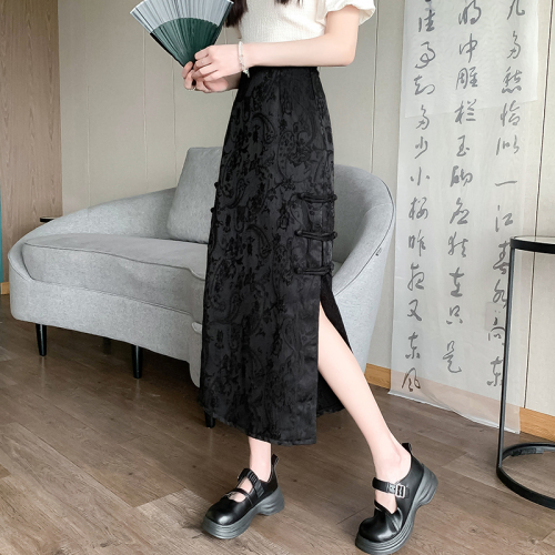 Video + Three Standards Retro Chinese Style High Waist Skirt Women's Slimming Hip Covering Solid Color Mid-Length A-Line Skirt