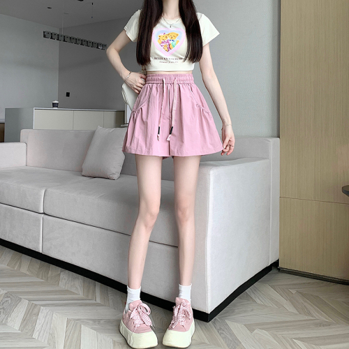 Elastic waist pink casual shorts for women summer new drawstring high waist loose a-line quick-drying wide-leg pants