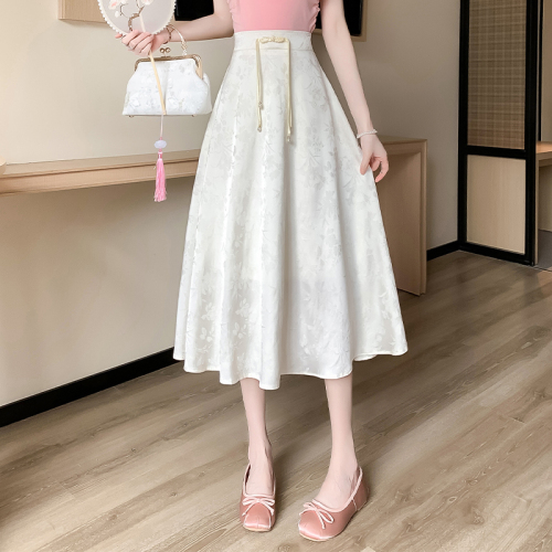 Video + Three Standards Retro Tie Chinese Style A-Line Skirt Simple Solid Color High Waist Covering Hips Slimming Skirt