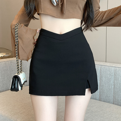 Black a-line slit skirt for hot girls in autumn and winter, thickened skirt, high waist, slimming and sexy skirt