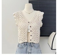 Gentle wind hollow hook pattern single-breasted V-neck sleeveless vest for women summer retro lace splicing short outer cardigan