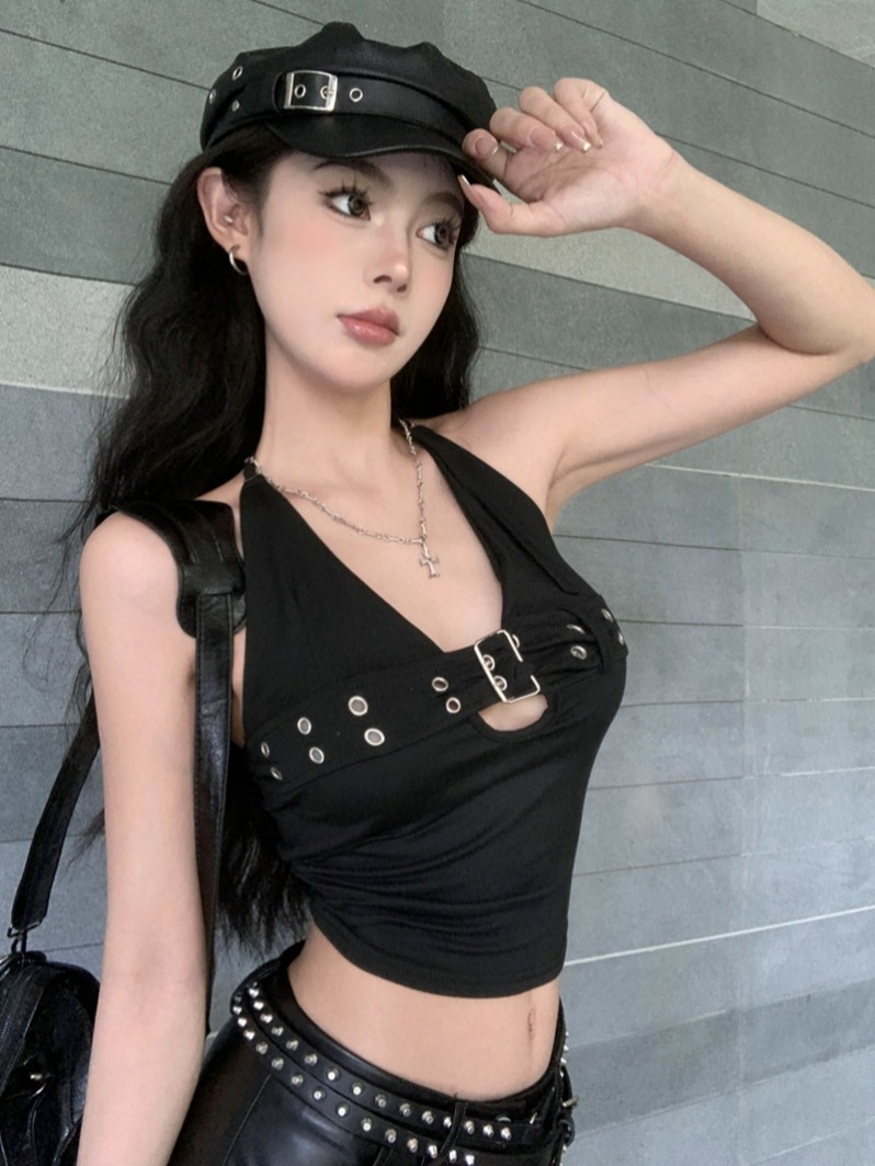 Real shot of summer American sexy hottie style backless halterneck vest for women with punk metal buckle top