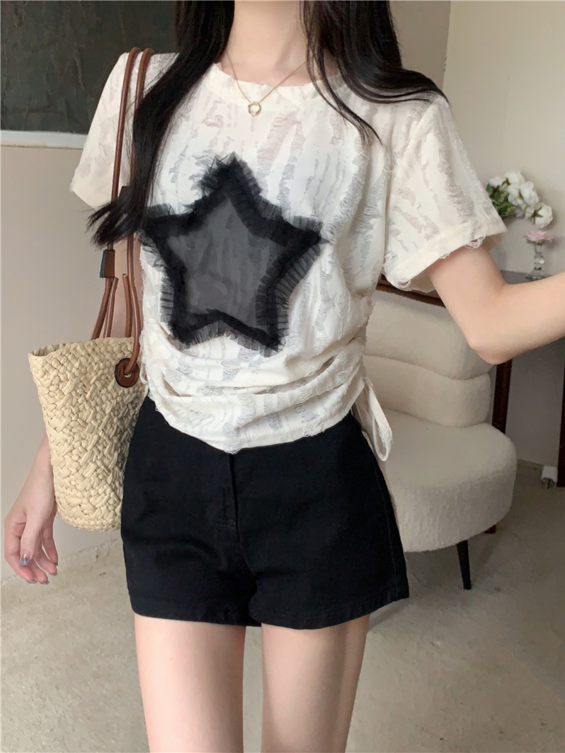 實拍 真 夏季新款星星短袖T恤女設計感綁帶抽繩上衣