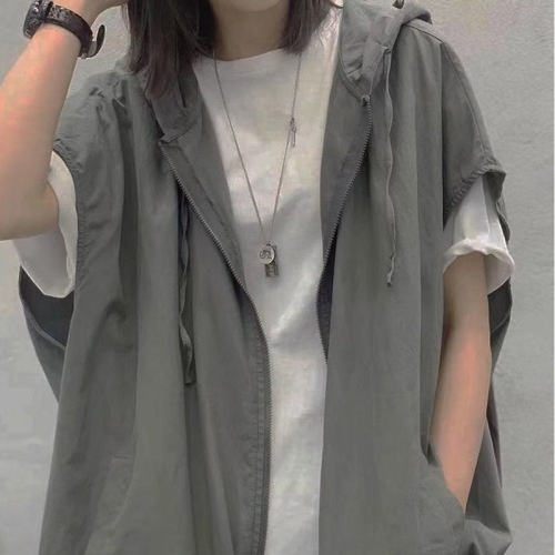 Retro literary hooded casual vest vest for women spring autumn summer 2024 new loose outer vest trendy