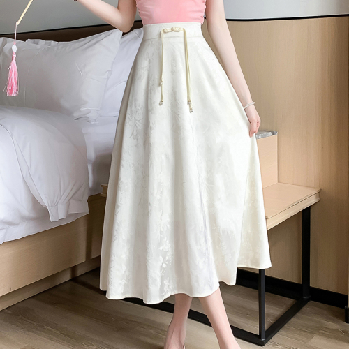 Video + Three Standards Retro Tie Chinese Style A-Line Skirt Simple Solid Color High Waist Covering Hips Slimming Skirt