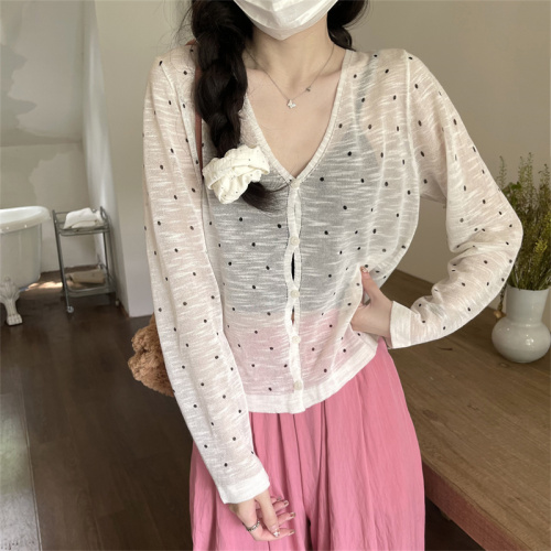 Actual shot of Korean linen ice silk polka dot sunscreen cardigan for women summer ultra-thin polka dot outer slimming top