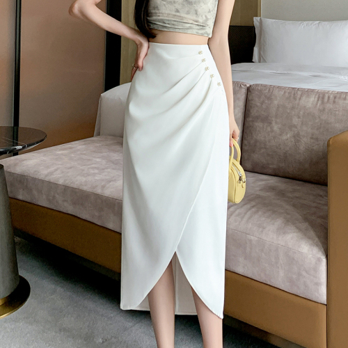 Video + Three Standards Irregular lady mid-length skirt Korean style niche pleated solid color slit skirt