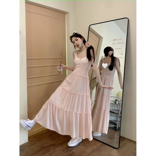 2024 summer pink suspender skirt for women spring and summer seaside white dress sweet cake long skirt waist skirt